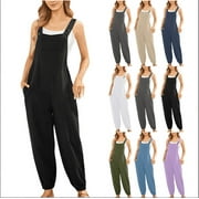 ZZwxWA 2024 Womens Jumpsuits Straight Womens Tank Rompers with Pocket Cotton Linen Wide Leg Button Summer Vacation Beach Joggers Solid Overalls Suspender Bib Gray M